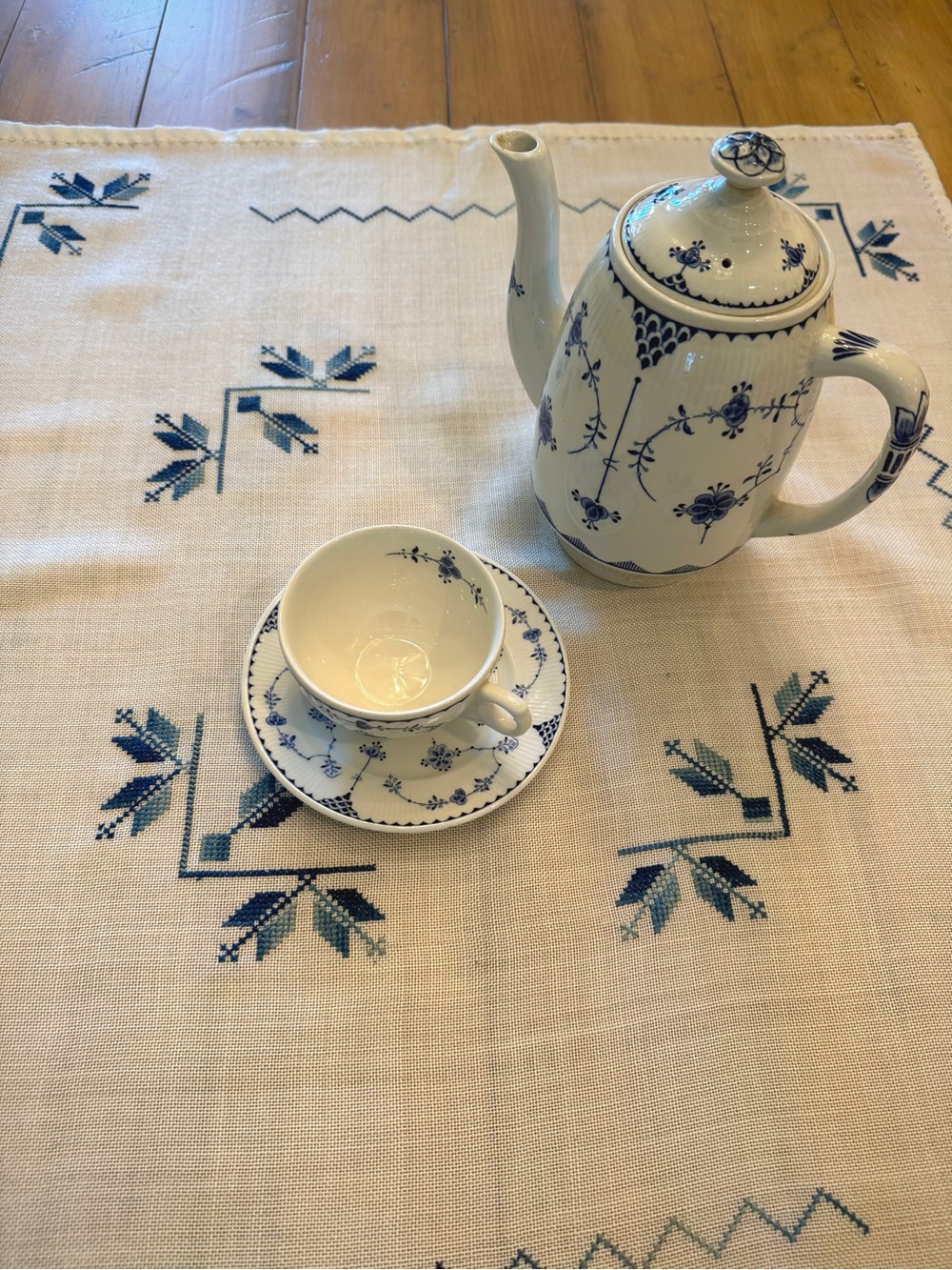 Vintage Table Topper Blue Cross Stitch Embroidery Hemstitch tablecloth